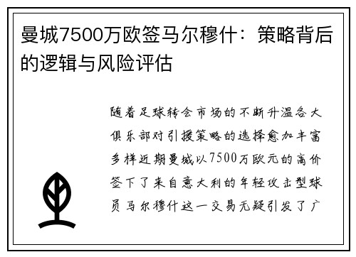 曼城7500万欧签马尔穆什：策略背后的逻辑与风险评估