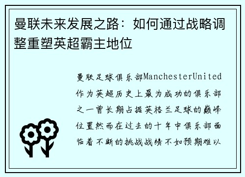 曼联未来发展之路：如何通过战略调整重塑英超霸主地位