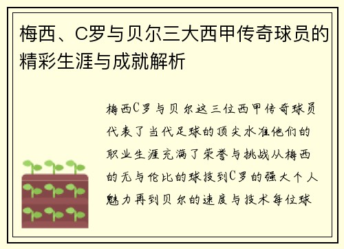 梅西、C罗与贝尔三大西甲传奇球员的精彩生涯与成就解析