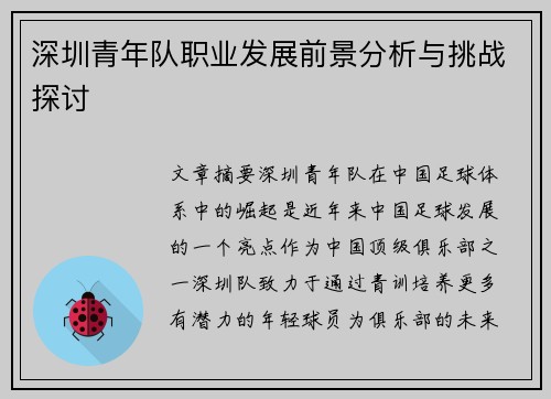 深圳青年队职业发展前景分析与挑战探讨